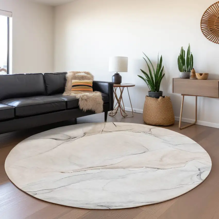 8' Ivory And Beige Abstract Washable Round Rug With UV Protection Photo 5