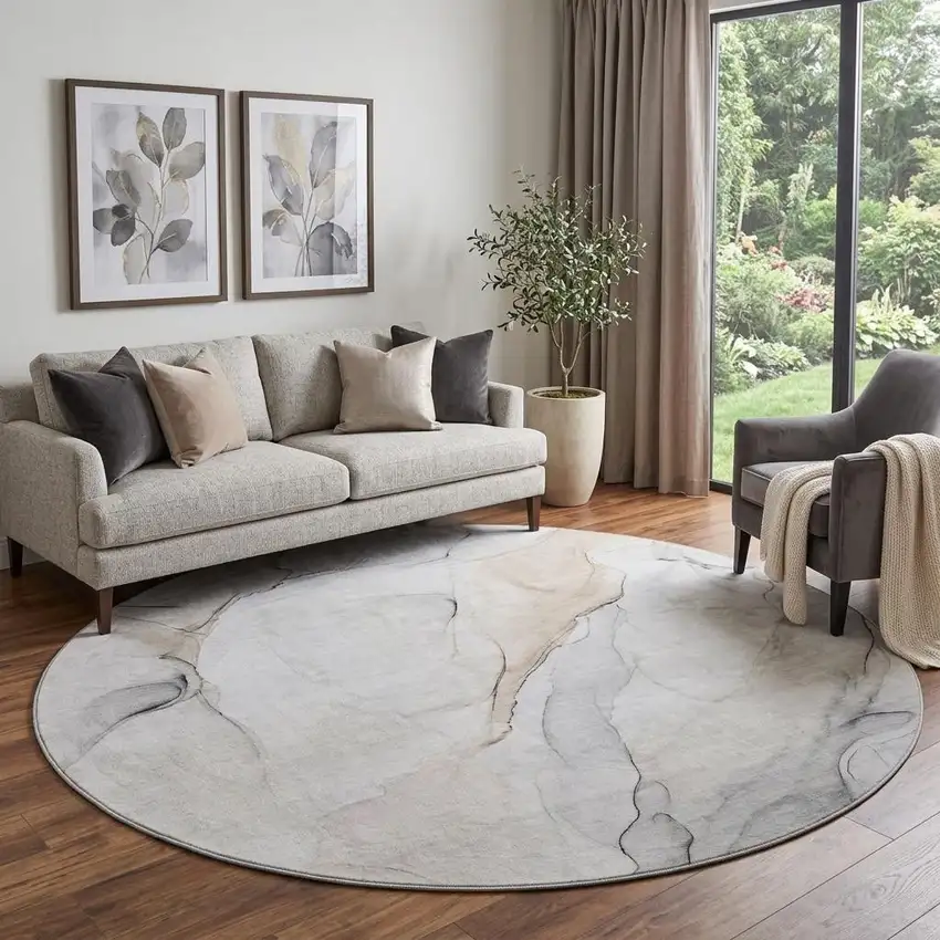 8' Ivory And Beige Abstract Washable Round Rug With UV Protection Photo 1