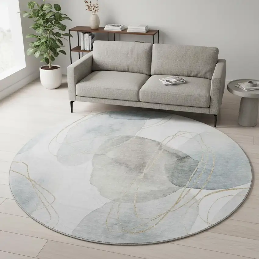 8' Ivory And Beige Abstract Washable Round Rug With UV Protection Photo 2