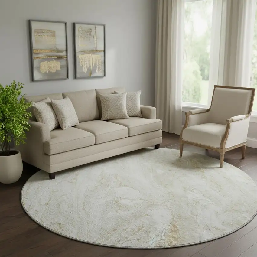 8' Ivory And Beige Abstract Washable Round Rug With UV Protection Photo 1
