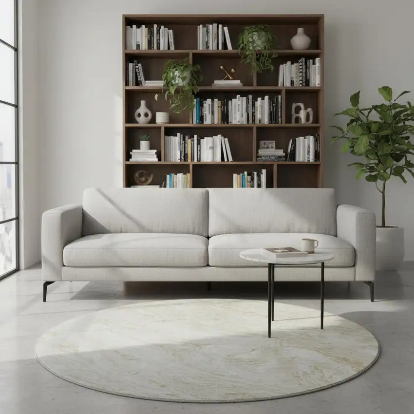 8' Ivory And Beige Abstract Washable Round Rug With UV Protection Photo 2