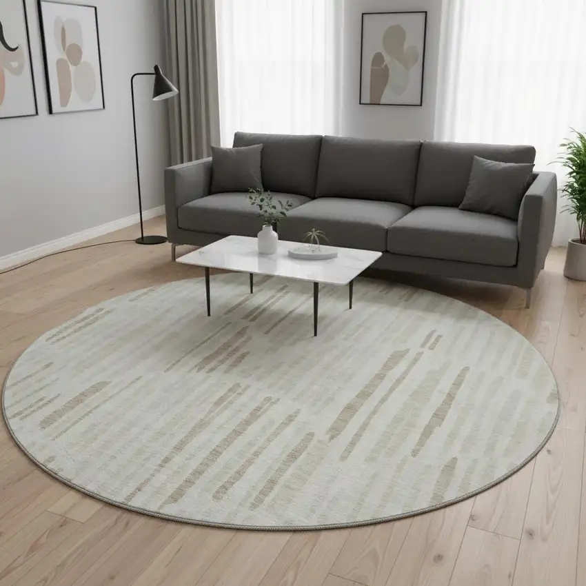 8' Ivory And Beige Abstract Washable Round Rug With UV Protection Photo 2