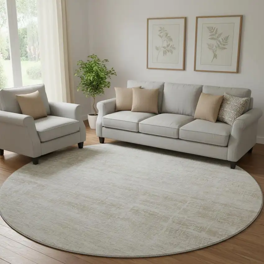 8' Ivory And Beige Abstract Washable Round Rug With UV Protection Photo 1