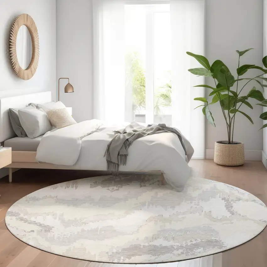 8' Ivory And Beige Abstract Washable Round Rug With UV Protection Photo 6