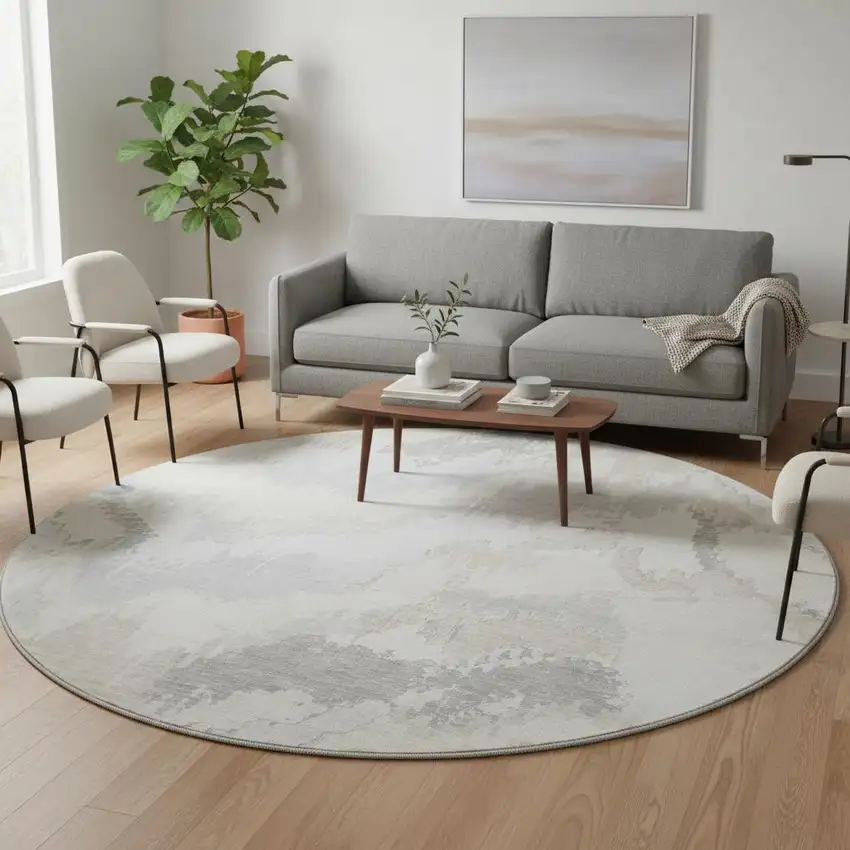 8' Ivory And Beige Abstract Washable Round Rug With UV Protection Photo 1