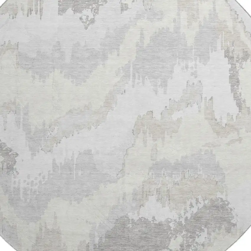 8' Ivory And Beige Abstract Washable Round Rug With UV Protection Photo 4