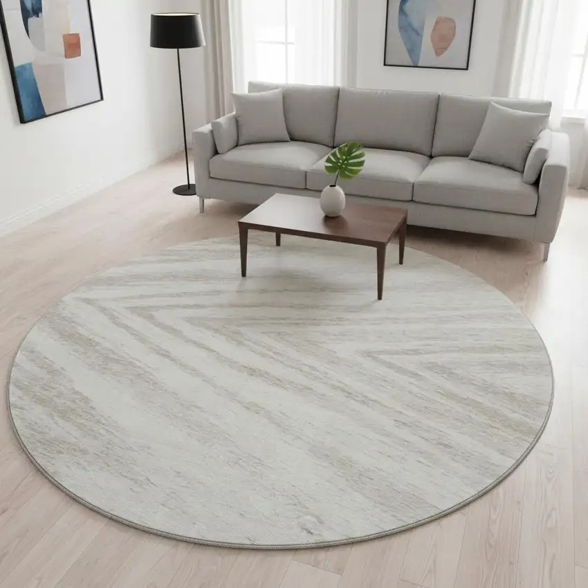 8' Ivory And Beige Abstract Washable Round Rug With UV Protection Photo 2