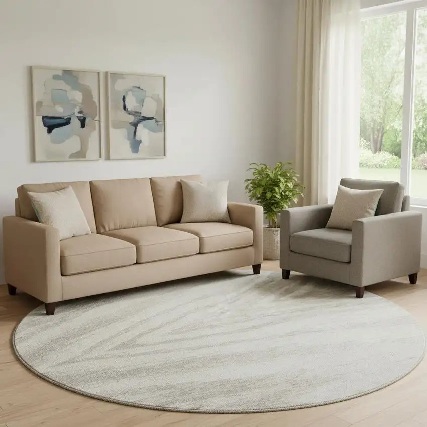 8' Ivory And Beige Abstract Washable Round Rug With UV Protection Photo 1