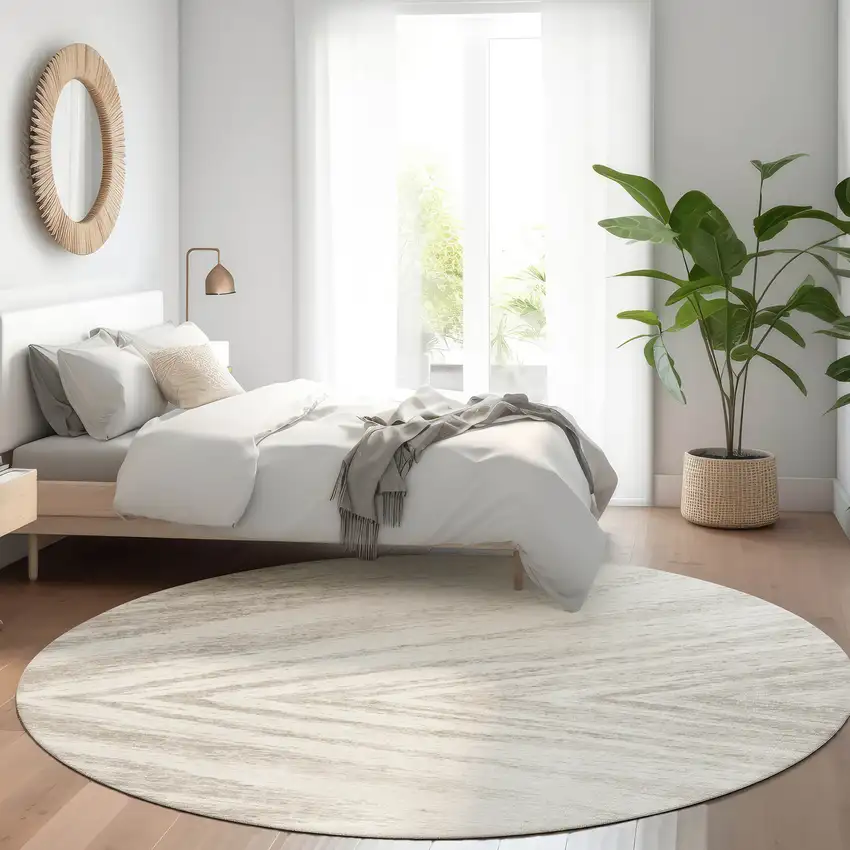 8' Ivory And Beige Abstract Washable Round Rug With UV Protection Photo 5