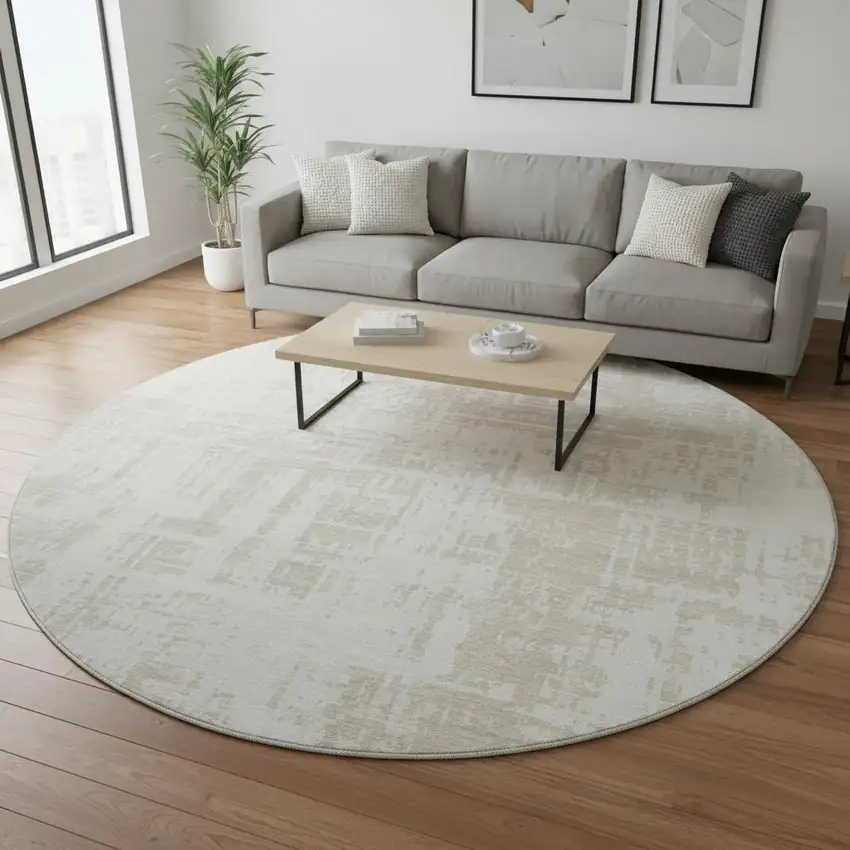 8' Ivory And Beige Abstract Washable Round Rug With UV Protection Photo 2