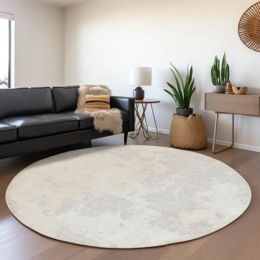8' Ivory And Beige Abstract Washable Round Rug With UV Protection Photo 5