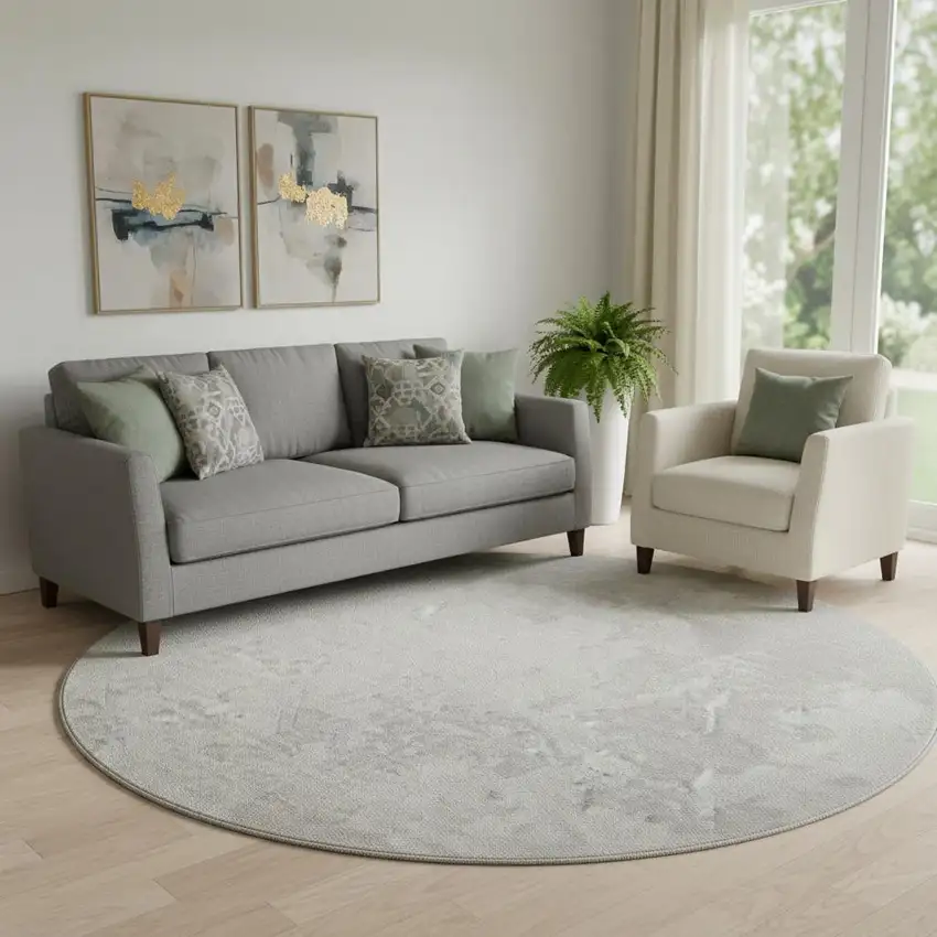 8' Ivory And Beige Abstract Washable Round Rug With UV Protection Photo 1