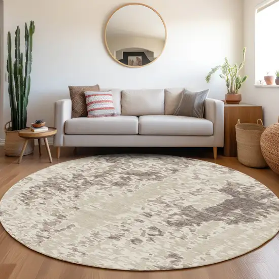 8' Ivory And Beige Abstract Washable Round Rug With UV Protection Photo 4