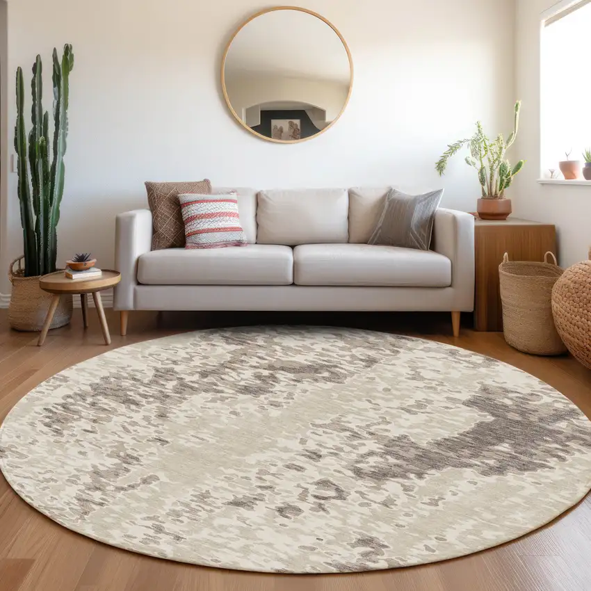 8' Ivory And Beige Abstract Washable Round Rug With UV Protection Photo 4