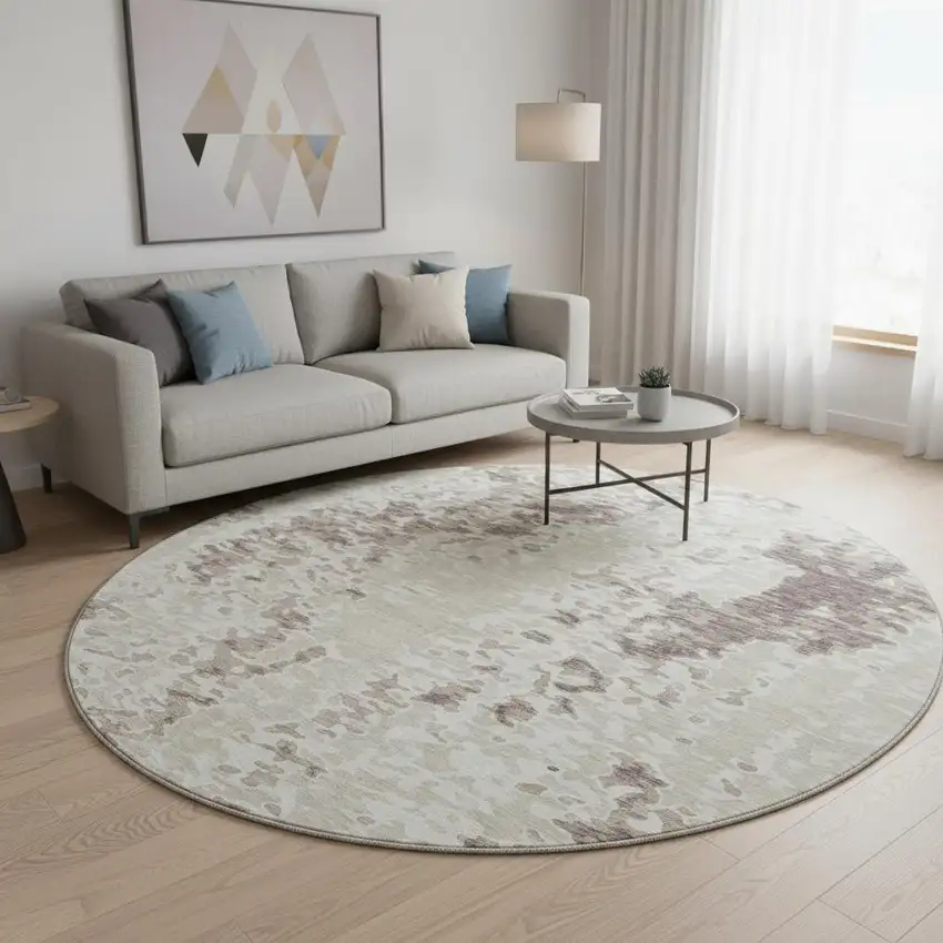 8' Ivory And Beige Abstract Washable Round Rug With UV Protection Photo 2