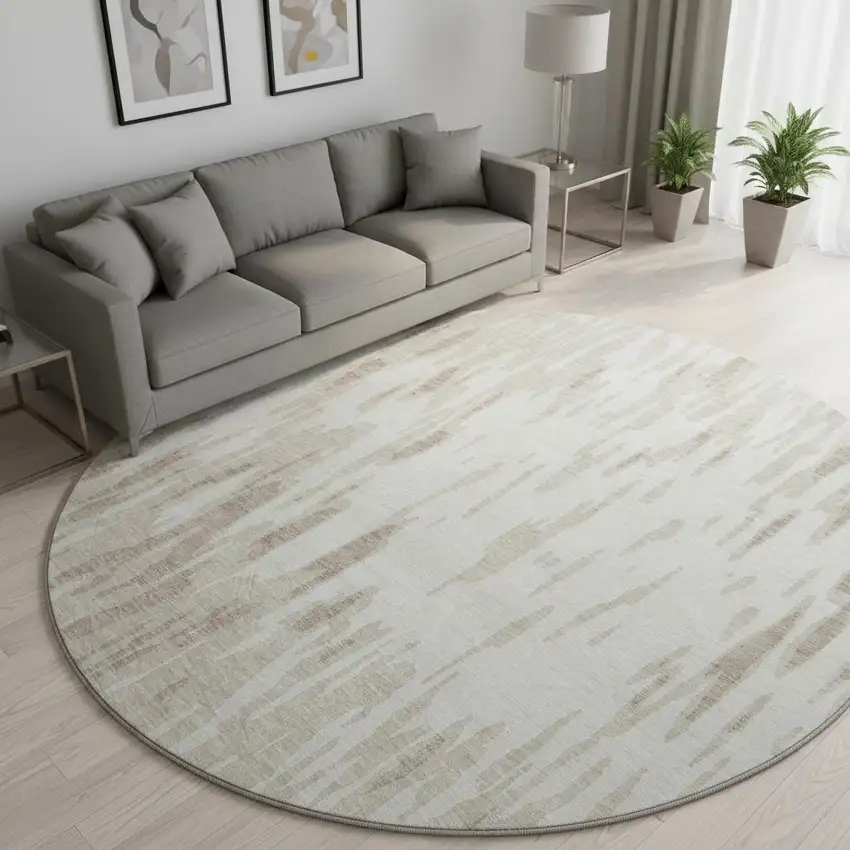 8' Ivory And Beige Abstract Washable Round Rug With UV Protection Photo 2