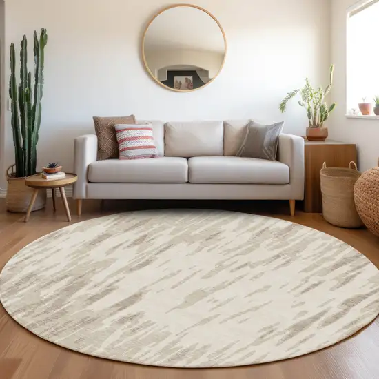 8' Ivory And Beige Abstract Washable Round Rug With UV Protection Photo 4