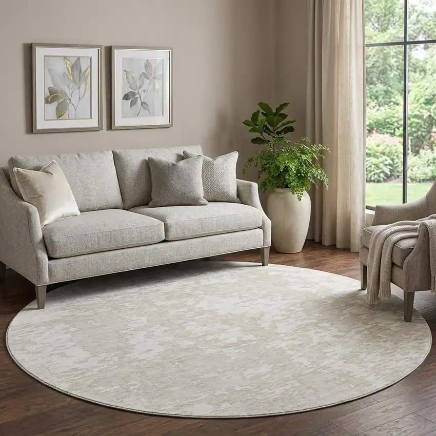 8' Ivory And Beige Abstract Washable Round Rug With UV Protection Photo 1