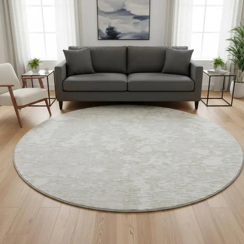 8' Ivory And Beige Abstract Washable Round Rug With UV Protection Photo 2