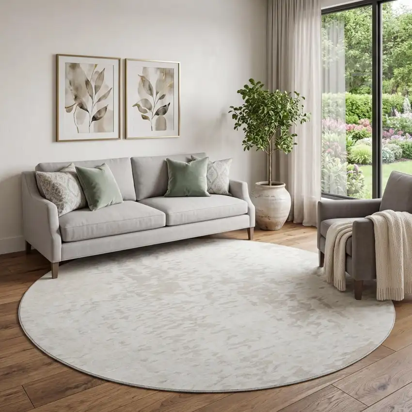 8' Ivory And Beige Abstract Washable Round Rug With UV Protection Photo 1