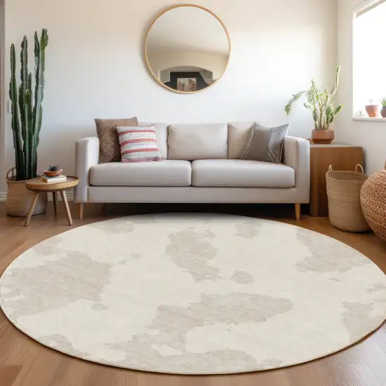 8' Ivory And Beige Abstract Washable Round Rug With UV Protection Photo 4