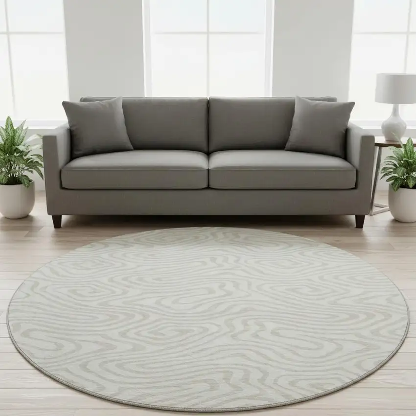 8' Ivory And Beige Abstract Washable Round Rug With UV Protection Photo 2
