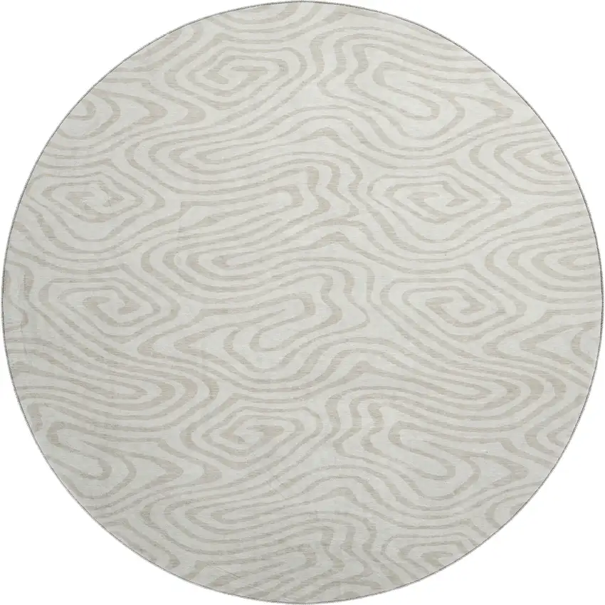 8' Ivory And Beige Abstract Washable Round Rug With UV Protection Photo 1