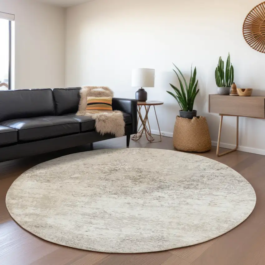 8' Ivory And Beige Abstract Washable Round Rug With UV Protection Photo 4