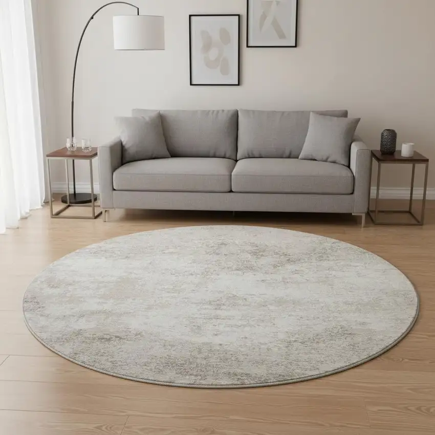 8' Ivory And Beige Abstract Washable Round Rug With UV Protection Photo 2