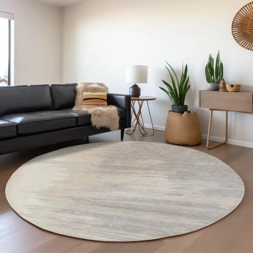 8' Ivory And Beige Abstract Washable Round Rug With UV Protection Photo 4