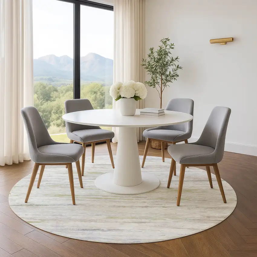 8' Ivory And Beige Abstract Washable Round Rug With UV Protection Photo 5