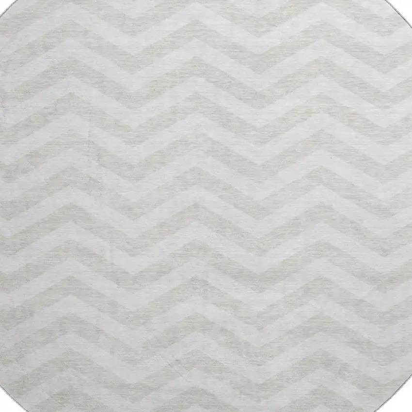 8' Ivory And Beige Chevron Washable Round Rug With UV Protection Photo 3