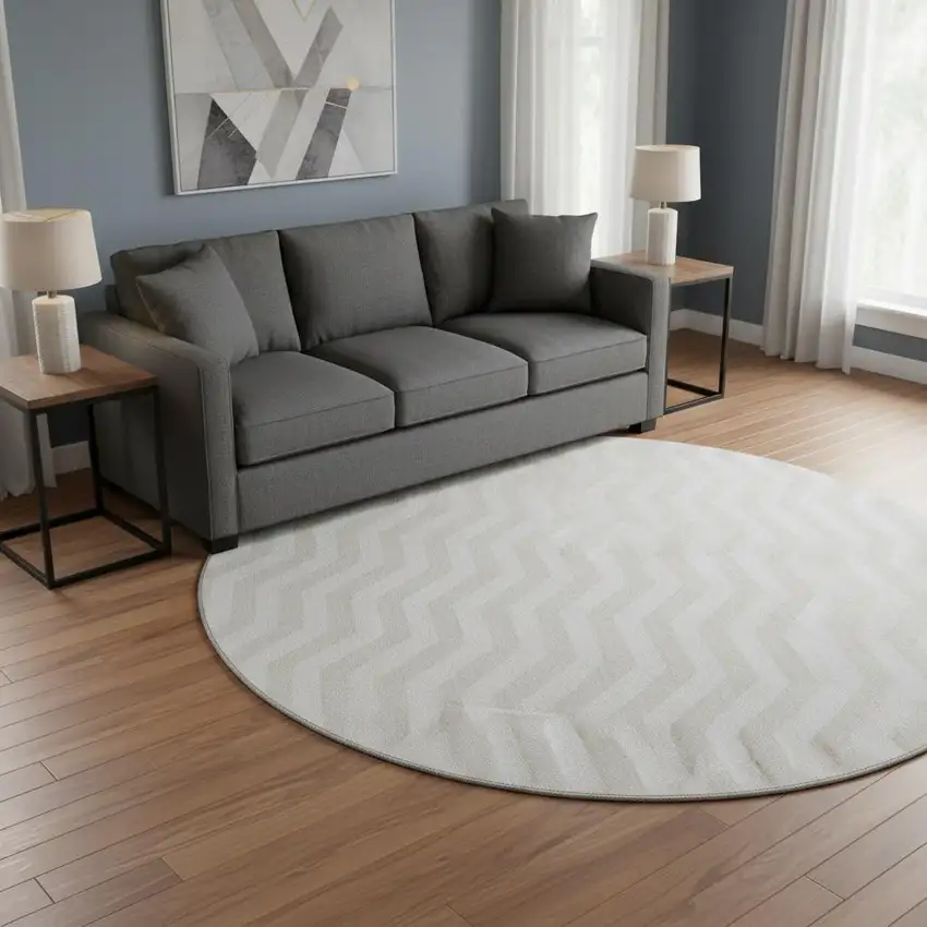 8' Ivory And Beige Chevron Washable Round Rug With UV Protection Photo 2