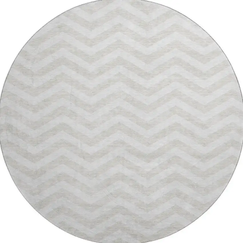 8' Ivory And Beige Chevron Washable Round Rug With UV Protection Photo 4
