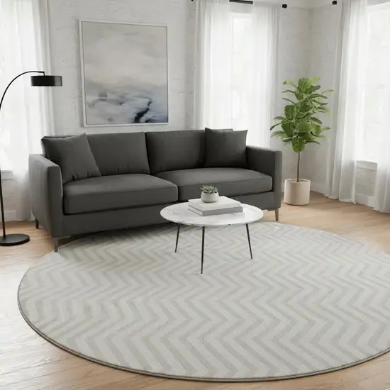8' Ivory And Beige Chevron Washable Round Rug With UV Protection Photo 2