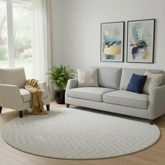 8' Ivory And Beige Chevron Washable Round Rug With UV Protection Photo 1