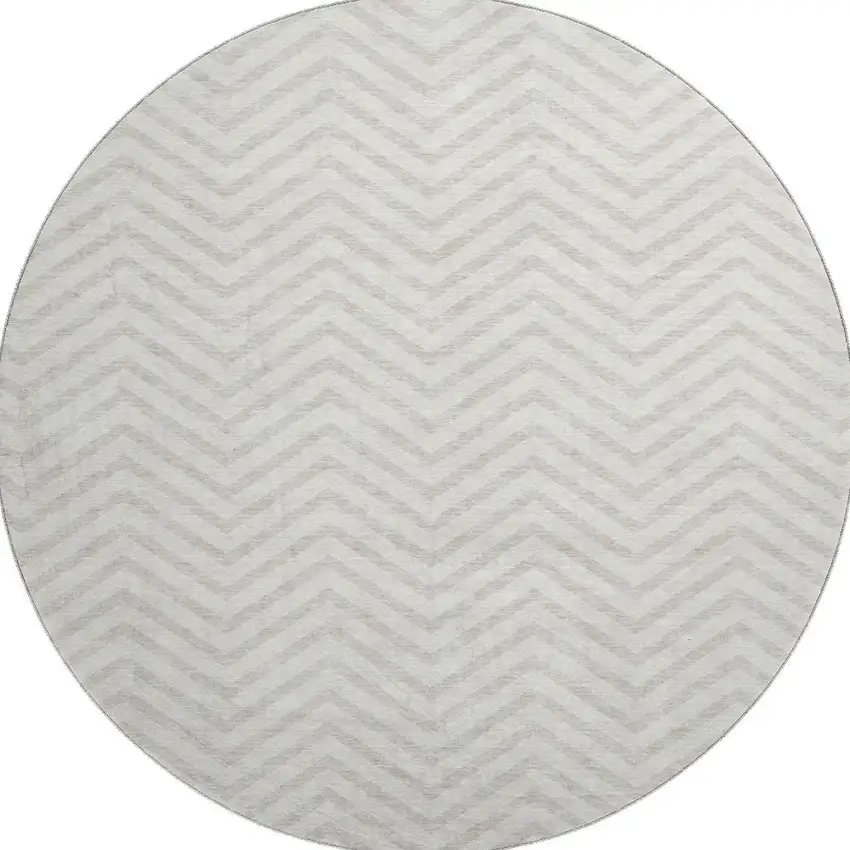 8' Ivory And Beige Chevron Washable Round Rug With UV Protection Photo 3
