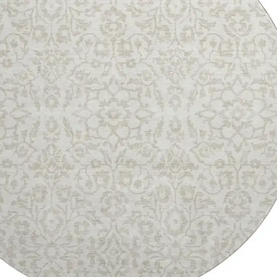 8' Ivory And Beige Damask Washable Round Rug With UV Protection Photo 3
