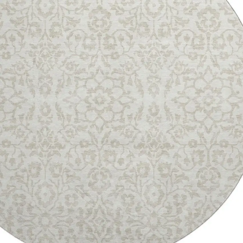 8' Ivory And Beige Damask Washable Round Rug With UV Protection Photo 3