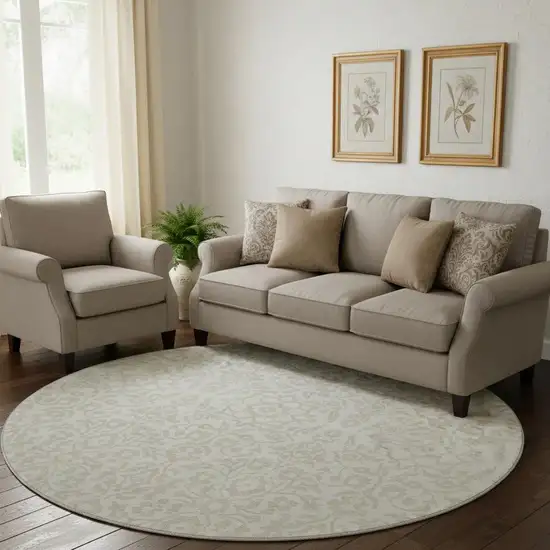 8' Ivory And Beige Damask Washable Round Rug With UV Protection Photo 1