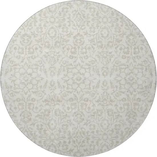 8' Ivory And Beige Damask Washable Round Rug With UV Protection Photo 4