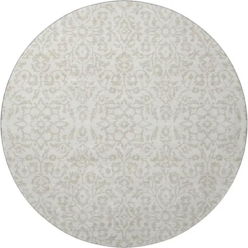 8' Ivory And Beige Damask Washable Round Rug With UV Protection Photo 4