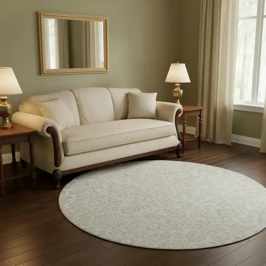 8' Ivory And Beige Damask Washable Round Rug With UV Protection Photo 2