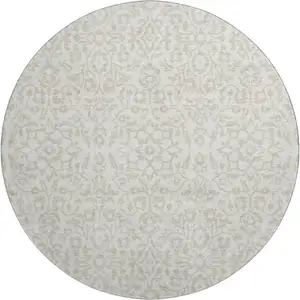 Photo of 8' Ivory And Beige Damask Washable Round Rug With UV Protection