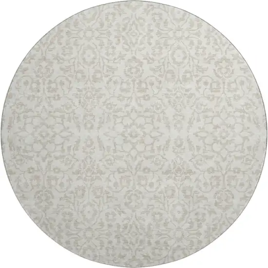 8' Ivory And Beige Damask Washable Round Rug With UV Protection Photo 1