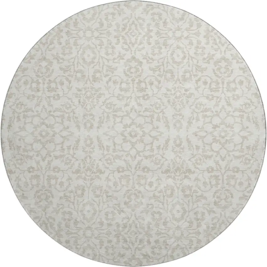8' Ivory And Beige Damask Washable Round Rug With UV Protection Photo 1