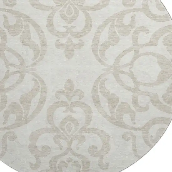 8' Ivory And Beige Damask Washable Round Rug With UV Protection Photo 2