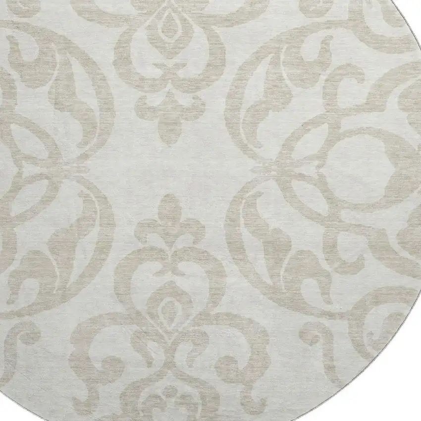 8' Ivory And Beige Damask Washable Round Rug With UV Protection Photo 2