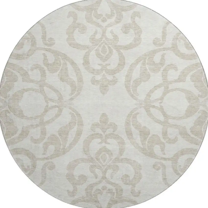8' Ivory And Beige Damask Washable Round Rug With UV Protection Photo 3