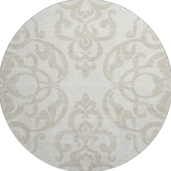 8' Ivory And Beige Damask Washable Round Rug With UV Protection Photo 3